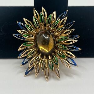 Vintage Crown Trifari Sunburst Brooch Gold Tone Enamel Floral 1960s